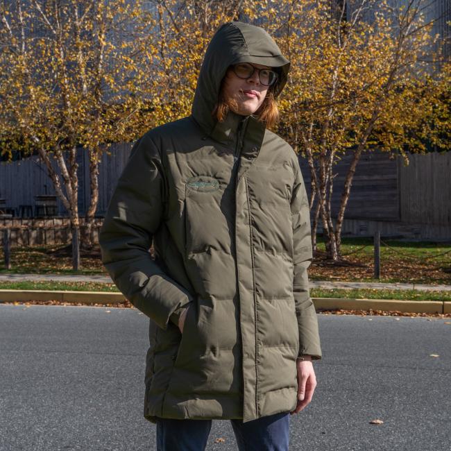 Dogfish Head and Patagonia Men's Olive Green Glacier Parka Front View on Model
