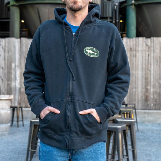 Front of full zip navy hoodie with dogfish head logo