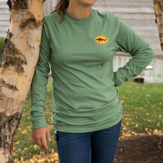 Long sleeve green tee featuring dogfish logo on front upper corner