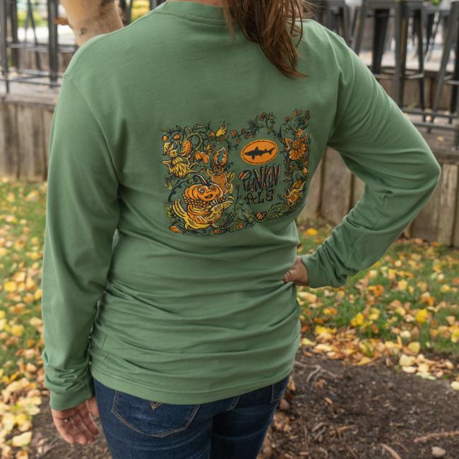 Long sleeve green tee featuring punkin ale artwork on the back