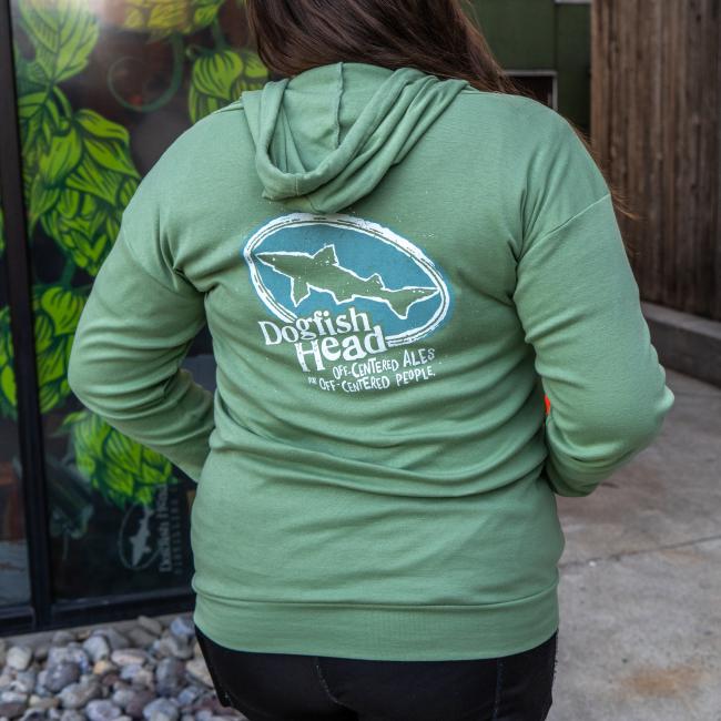 Dogfish Head Lockup Logo Sage Green Zip Up Hoodie On Model With Photo of The Back Dogfish Head Logo in Blue and White