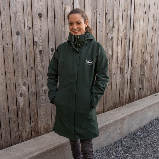 Dogfish Head and Patagonia Women's Dark Green 3-in-1 Parka Smooth Side Front View on Model