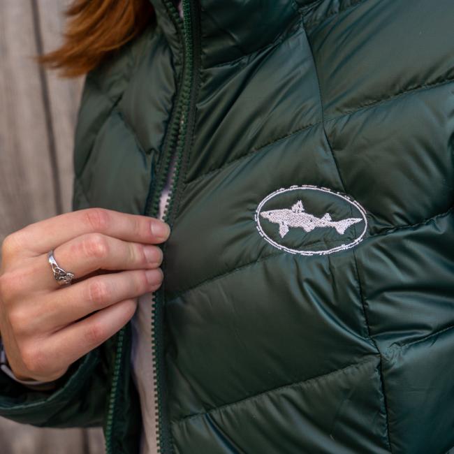 Dogfish Head and Patagonia Women's Dark Green 3-in-1 Parka Puff Jacket Front Dogfish Head Shark Logo in White