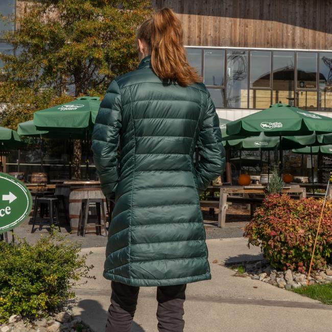 Dogfish Head and Patagonia Women's Dark Green 3-in-1 Parka Puff Jacket Side Back View On Model Outside