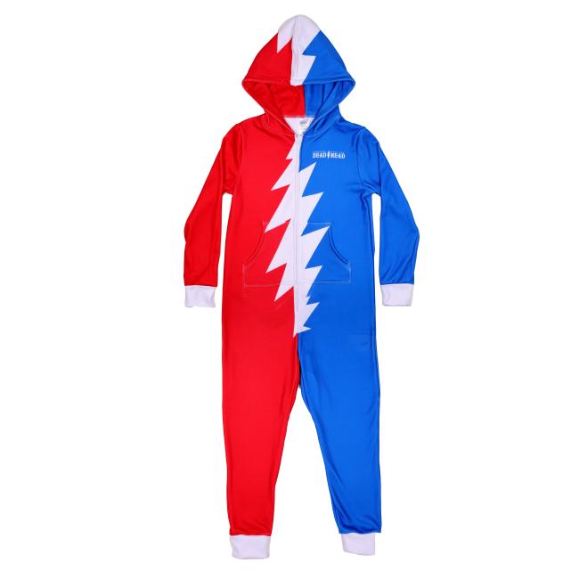 Adult hooded zip front onesie. Red and blue with white grateful dead lightening bolt. Small Dogfish Head text. 