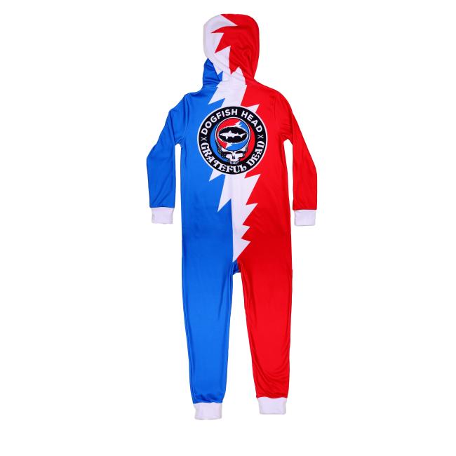 Adult hooded zip front onesie. Red and blue with white grateful dead lightening bolt. Circle logo with Grateful dead Skull and Dogfish Head shark logo.  