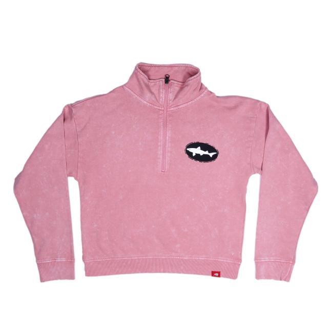 Front and back views of a coral-colored women's quarter-zip pullover with the Dogfish Head shark logo on the left chest.