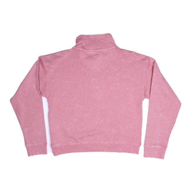 Front and back views of a coral-colored women's quarter-zip pullover with the Dogfish Head shark logo on the left chest.
