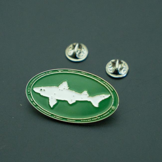 Dogfish Head Green Enamel Pin With Green and White Dogfish Logo Metal Backing With Two Pins