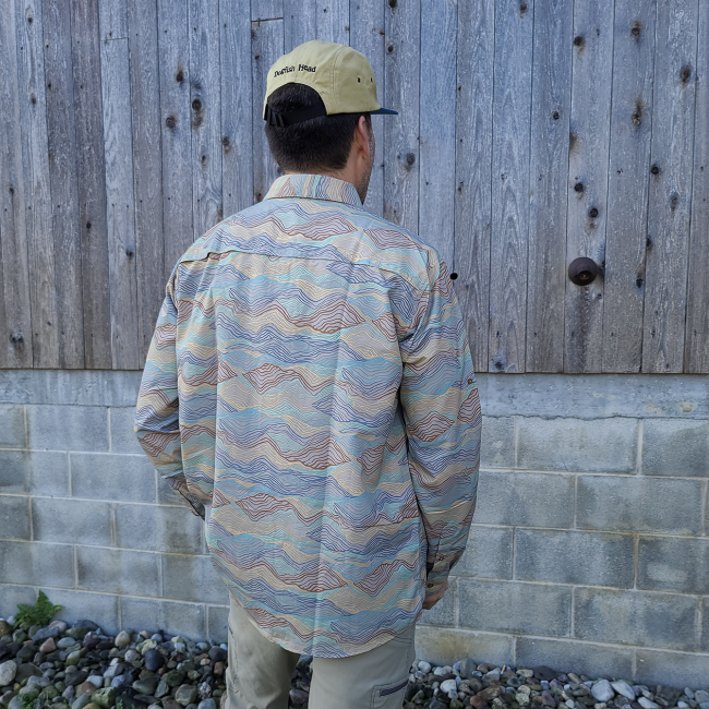 Dogfish Head and Patagonia Tan Mountain Button Up Back View On Model