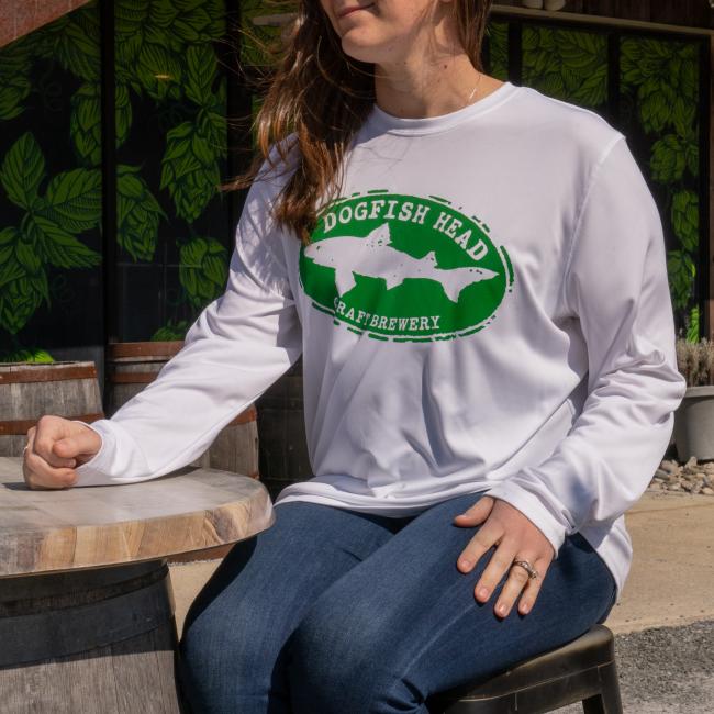 A white UPF long sleeve tee with the Dogfish Head logo on the front in green.