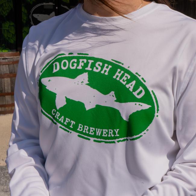 A white UPF long sleeve tee with the Dogfish Head logo on the front in green.