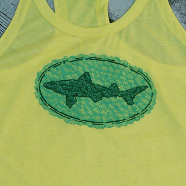 Patagonia Yellow Tank Top close up of Dogfish Head design