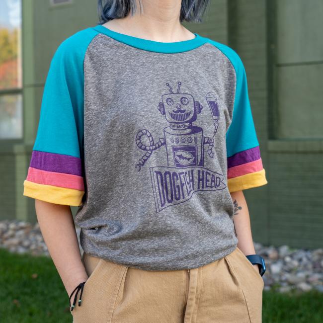 Analog Ringer Tee in Grey with Blue, Purple, Pink, and Yellow Striped Sleeves and a Robot on Front