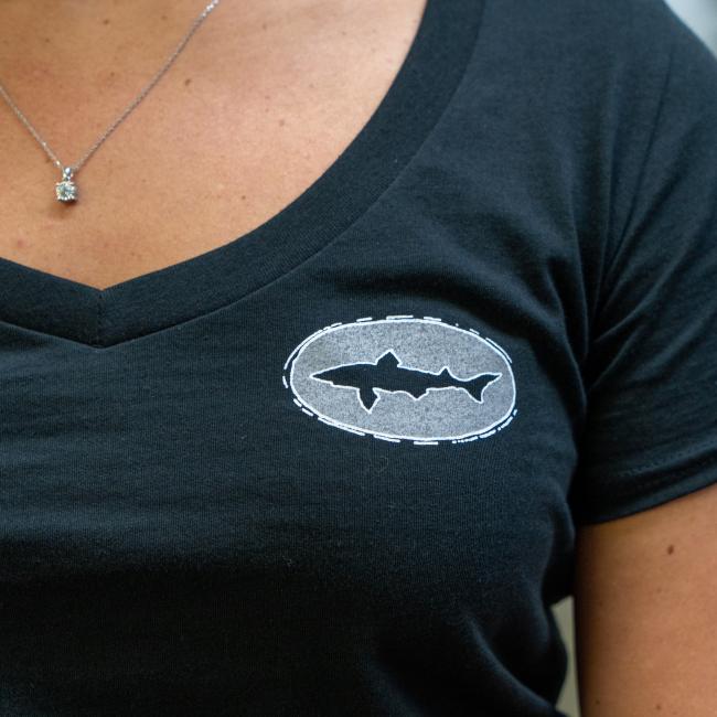 Dogfish Head Women's Analog V-Neck Tee Front Up Close Of Dogfish Head Logo On chest