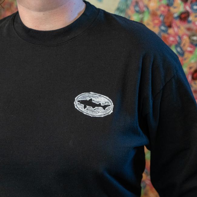 Front of Black Long sleeve tee with small logo