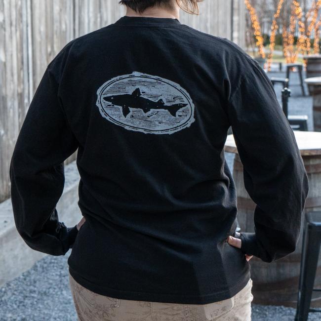 Full back of long sleeve black tee with large dogfish logo