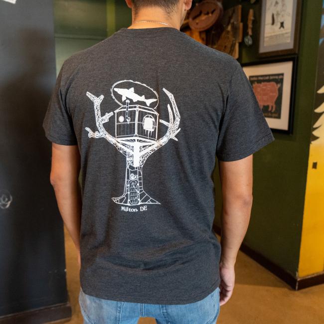 Charcoal Treehouse Tee in Dark Grey with White Dogfish Head Treehouse Design On Back
