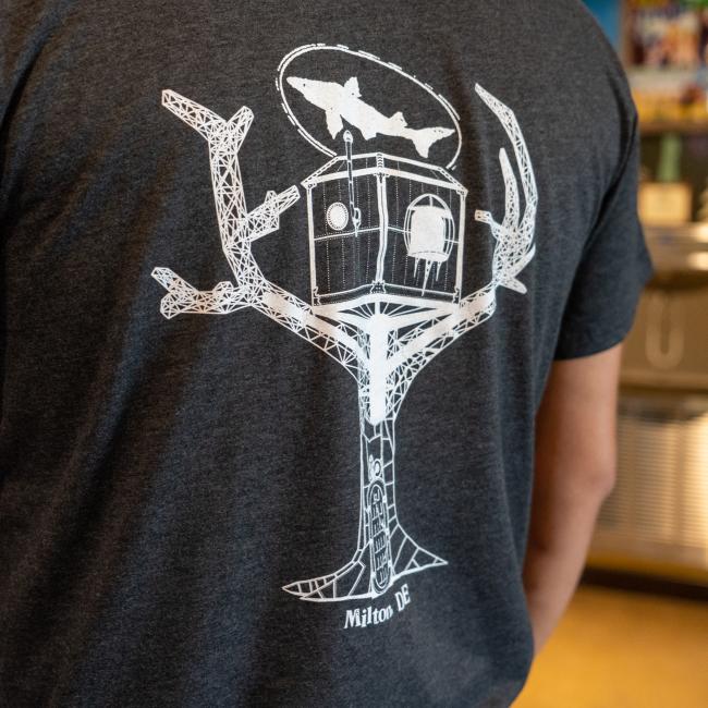 Charcoal Treehouse Tee in Dark Grey with White Dogfish Head Treehouse Design Close Up View of The Back