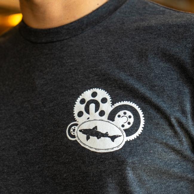 Charcoal Treehouse Tee in Dark Grey with White Dogfish Head Shark Logo On The Front Close Up View