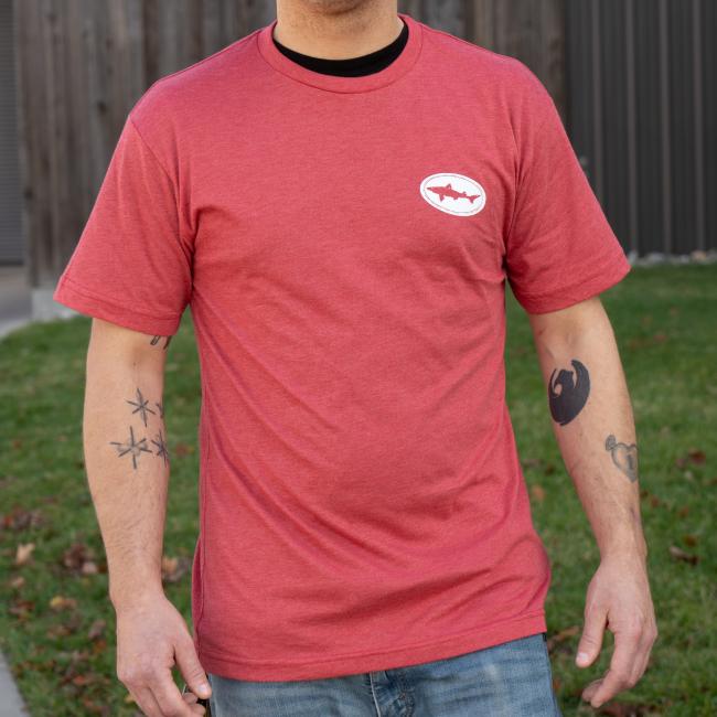 Red Explore Goodness Tee in Red with Dogfish Head Shark Logo in White on Front