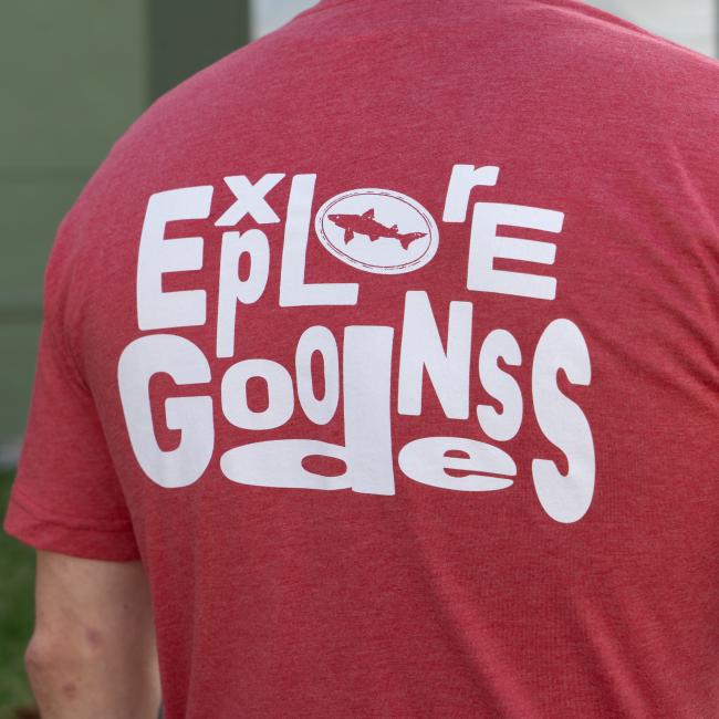 Red Explore Goodness Tee in Red with Explore Goodness in White Lettering On The Back Close View of Back Graphic