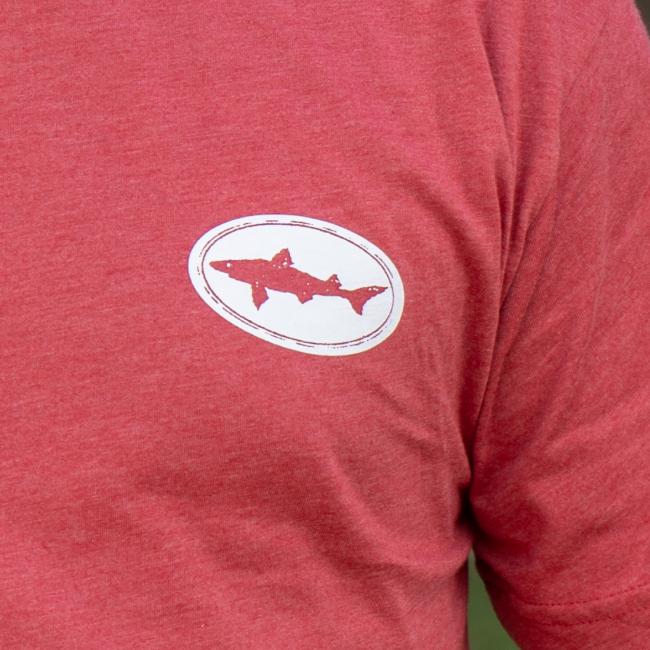 Red Explore Goodness Tee in Red with Dogfish Head Shark Logo in White on Front Up Close View