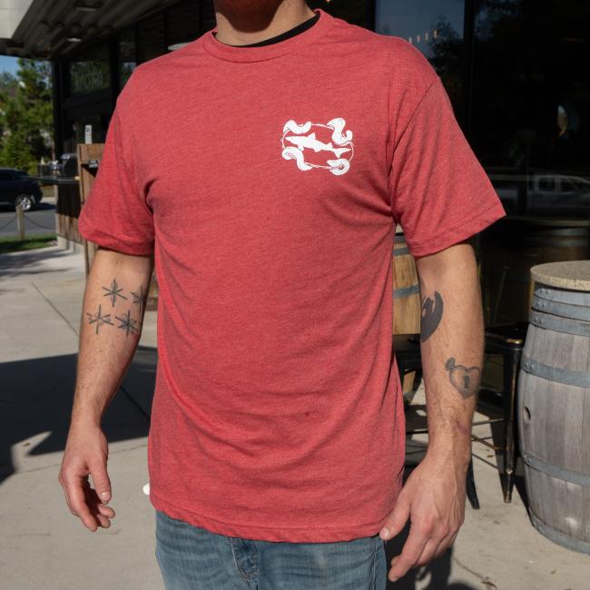 Red Kraken Tee in Red with Dogfish Head White Logo On Front Worn by a Model