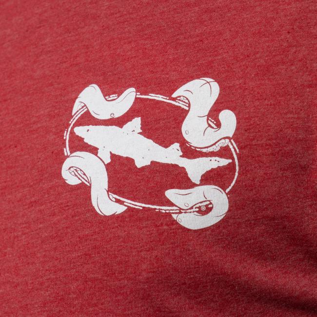 Red Kraken Tee in Red with Up Close View of Dogfish Head White Logo On Front Worn by a Model