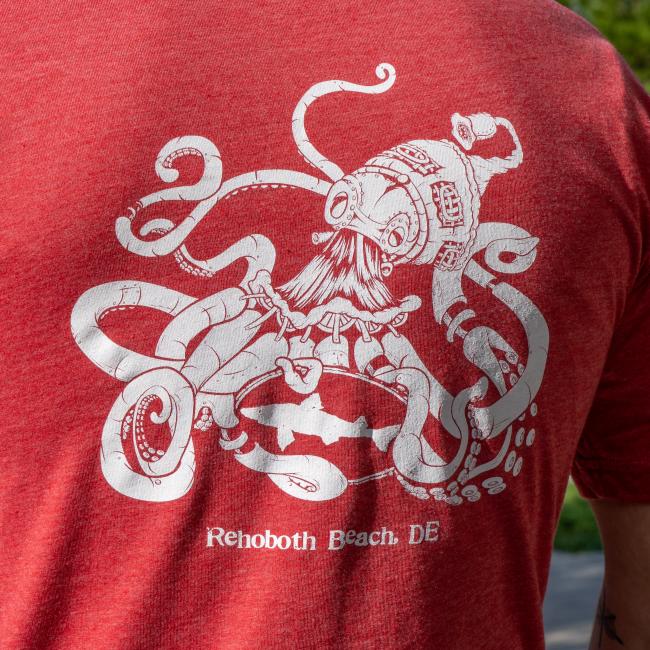 Red Kraken Tee in Red with White Kraken Graphic on Close Up View of The Back Worn by a Model