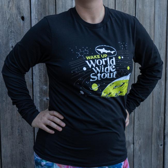 Dogfish Head World Wide Stout Long Sleeve Tee in Black With Glow In The Dark Galaxy And Planet On The Front In Green And White