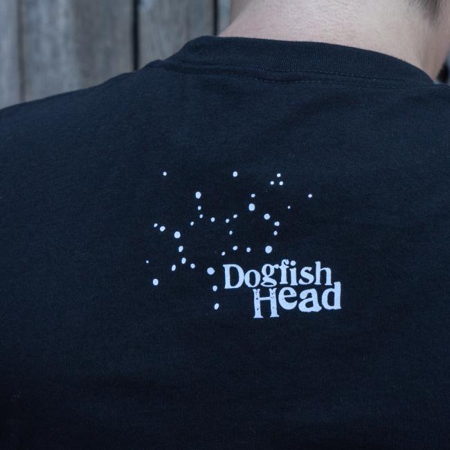 Dogfish Head World Wide Stout Long Sleeve Tee in Black With Glow In The Dark Galaxy And Planet On The Front In Green And White and Dogfish Head Logo On Back
