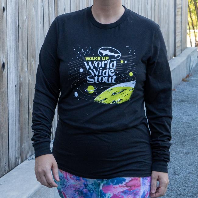 Dogfish Head World Wide Stout Long Sleeve Tee in Black With Glow In The Dark Galaxy And Planet On The Front In Green And White