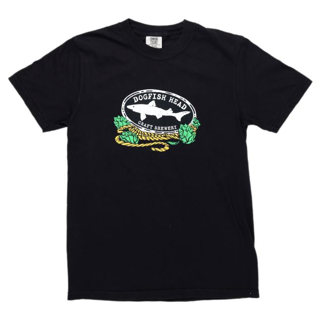 Black short sleeve tee featuring the Shark & Shield logo wrapped with a rope hop design