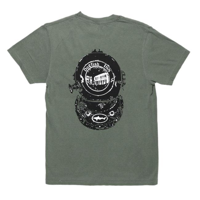 Green short sleeve tee back view with diver helmet art 
