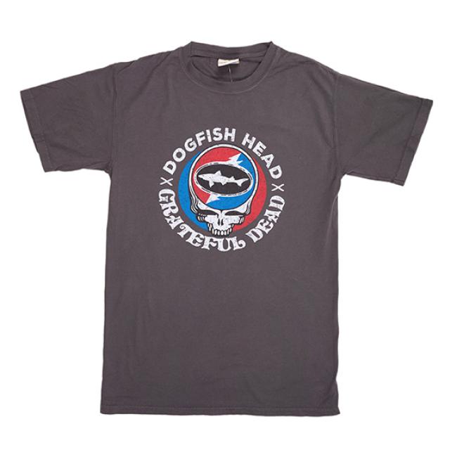 A charcoal colored tee shirt with the Dogfish Head and Grateful Dead collaboration logo on the front.