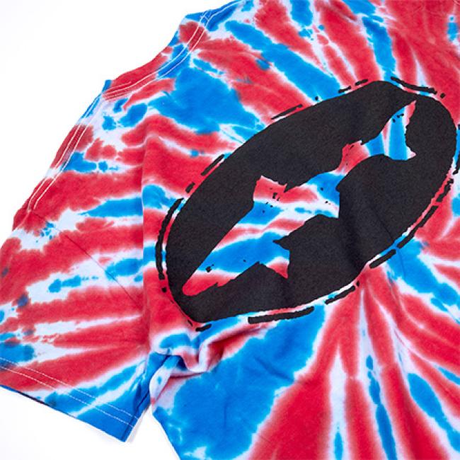 Back detail shot of Red, White & Blue Tie Dye Short Sleeve crew neck tee with large back Shark & Shield logo 