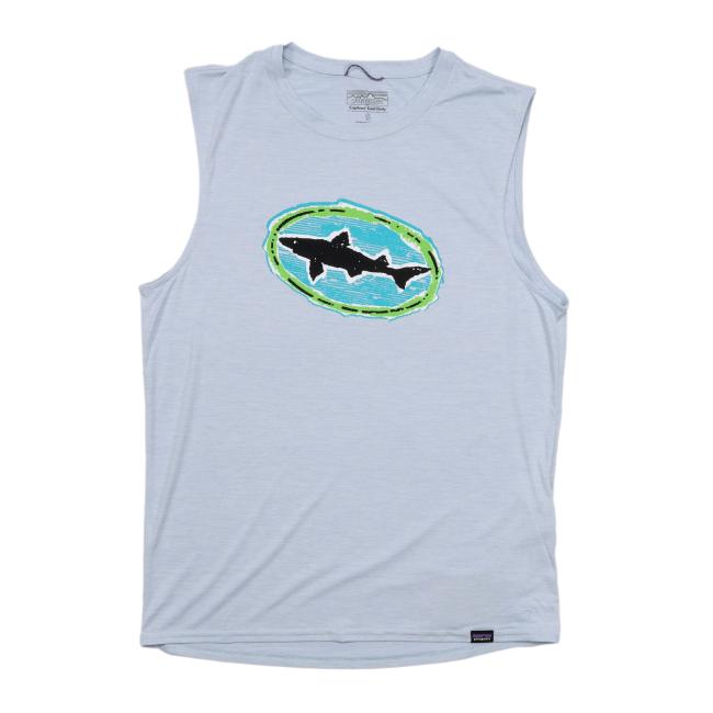 Light blue Dogfish Head x Patagonia sleeveless tank top with a large graphic of the Dogfish Head shark logo in black, turquoise, and green on the chest.