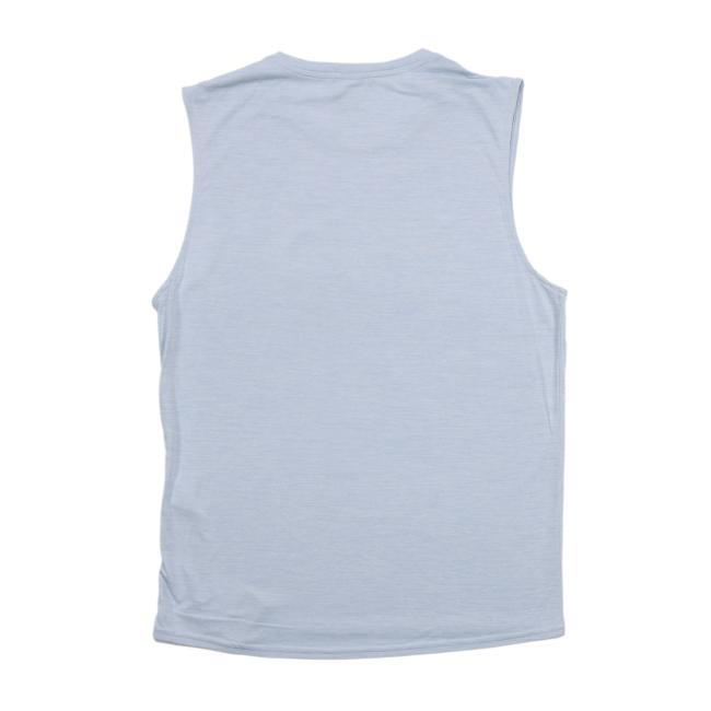 Plain back view of the light blue Dogfish Head x Patagonia sleeveless tank with no graphics or text.