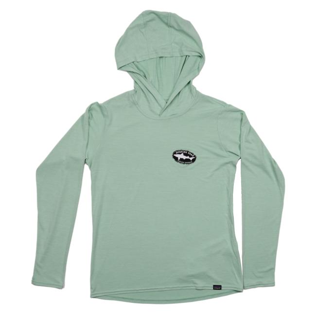 Teal women’s long sleeve Dogfish Head x Patagonia performance hoody with a small black-and-white Dogfish Head shark logo on the left chest.
