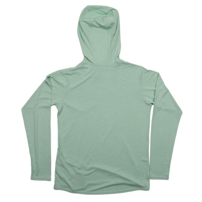 Plain back view of the teal Dogfish Head x Patagonia long sleeve hoody showing the relaxed fit and deep hood.