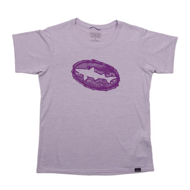 Lavender women’s short sleeve Dogfish Head x Patagonia performance tee with a large purple Dogfish Head shark logo centered on the chest.
