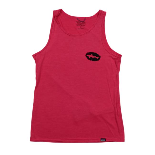 Front of the pink women’s Dogfish Head x Patagonia sleeveless tank with a small black Dogfish Head shark logo on the left chest.