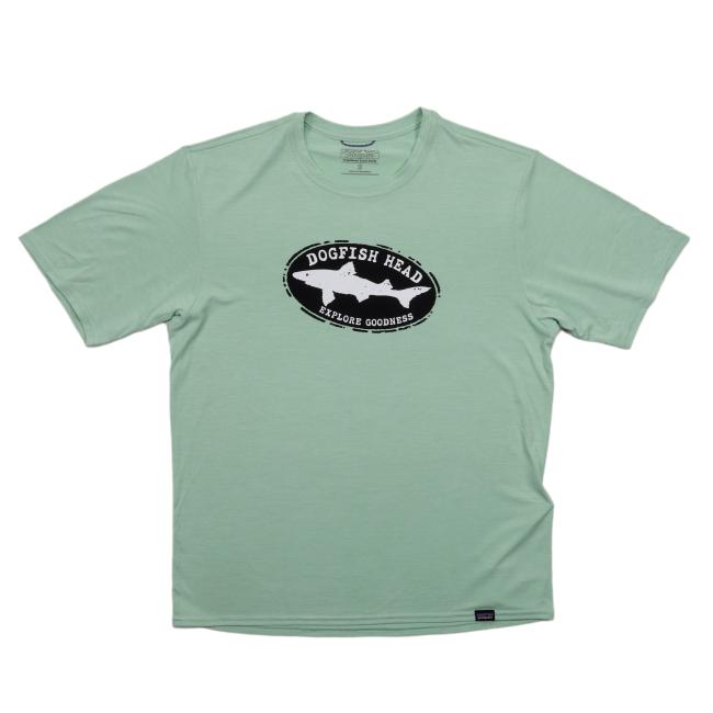 Dogfish Head x Patagonia short sleeve t-shirt featuring a black and white oval logo with a shark silhouette and the words “Dogfish Head – Explore Goodness” on the chest.