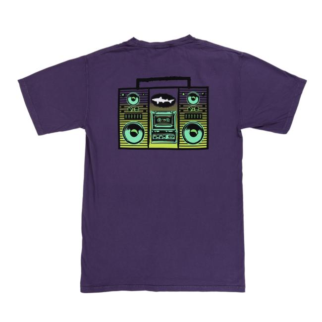 Back of the purple t-shirt featuring a colorful, vintage-style stereo system illustration with the Dogfish Head shark logo in the center.