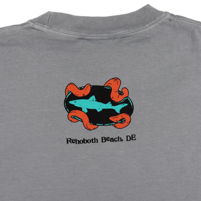 Close-up of the back logo on the shirt showing a teal Dogfish Head shark surrounded by kraken tentacles and “Rehoboth Beach, DE” underneath.
