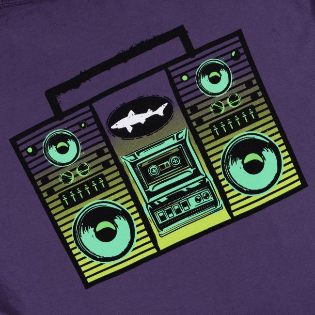 Close-up of the retro stereo design printed on the back of the shirt, showing detailed speakers, cassette player, and Dogfish Head shark logo.