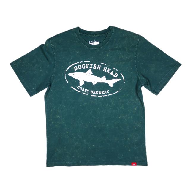 Front and back of a garment-dyed emerald green Dogfish Head short sleeve t-shirt with white Dogfish Head Craft Brewery logo on the chest.