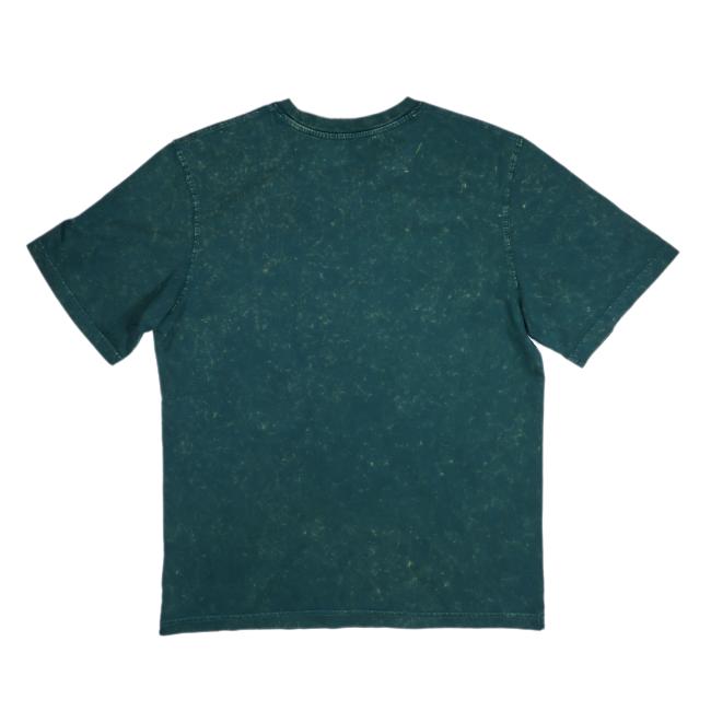 Front and back of a garment-dyed emerald green Dogfish Head short sleeve t-shirt with white Dogfish Head Craft Brewery logo on the chest.