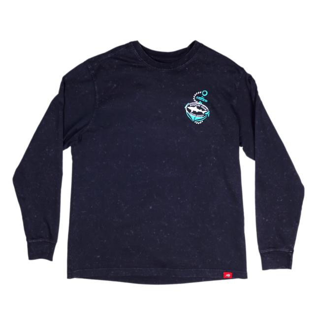 Front and back views of a black long sleeve tee featuring a teal and white Dogfish Head anchor logo graphic with the phrase “Explore Goodness.”